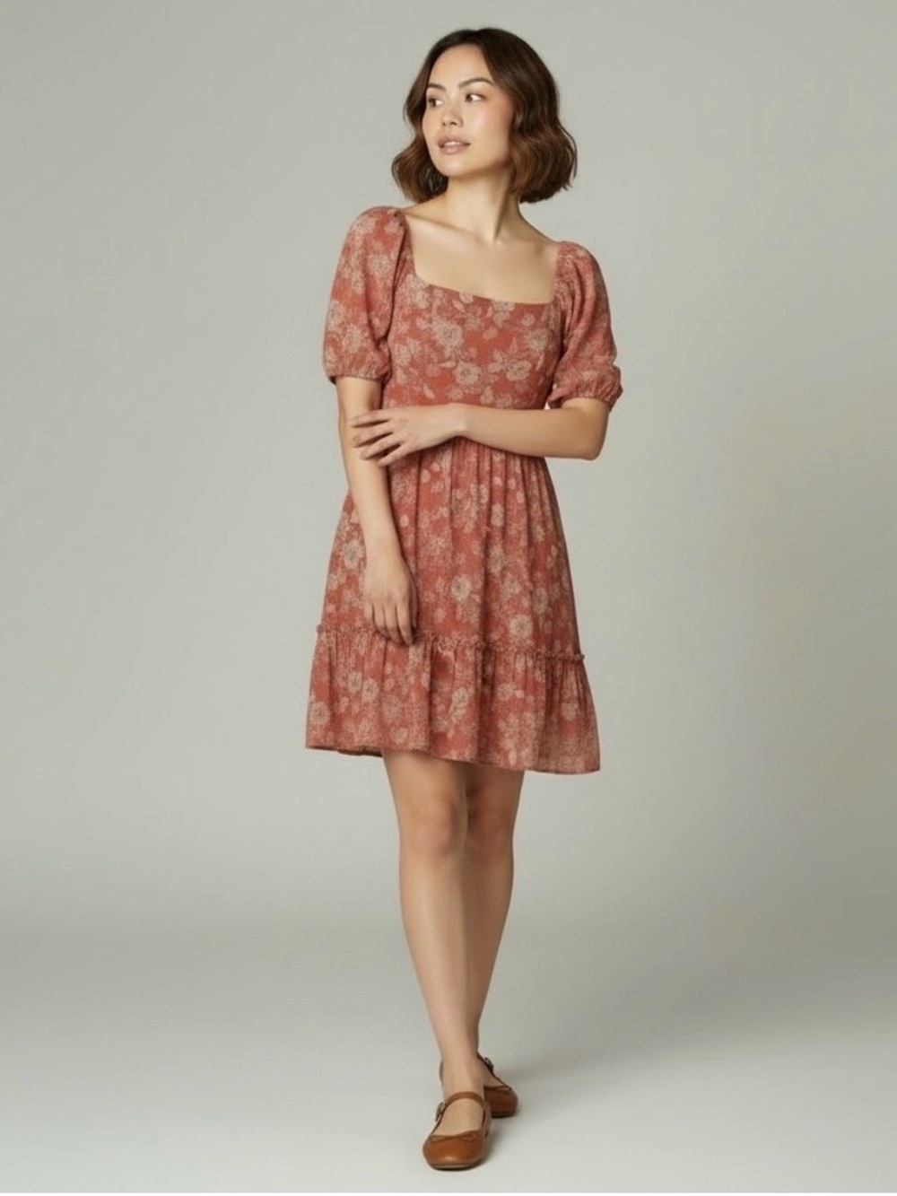 Blu Pepper Floral Puff Sleeve Tiered Mini Dress Coral Pink & White - Large